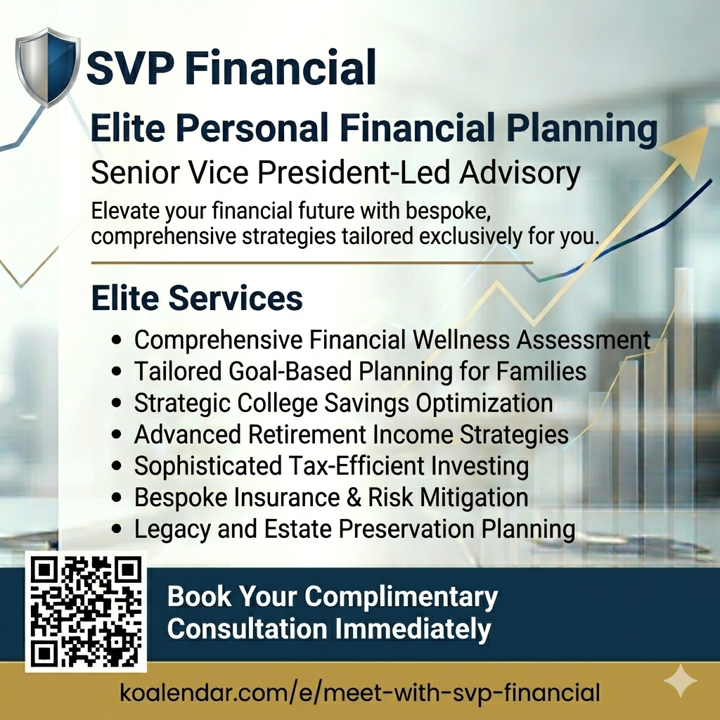 SVP Financial — Elite Personal Financial Planning services overview with QR code to book a complimentary consultation